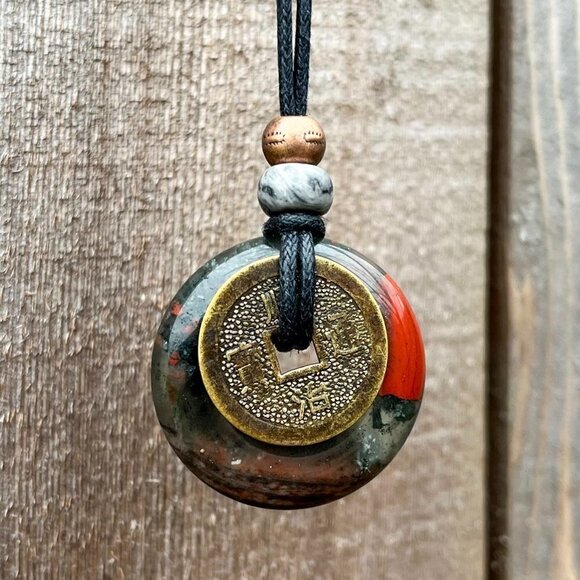 African Bloodstone Crystal Gemstone Necklace with Lucky Coin Handmade - Picture 1 of 6